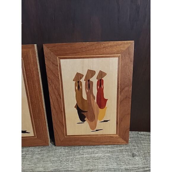 VINTAGE Asian women Friends WOOD INLAY MARQUETRY Pair Set Small Framed Wall Art - Picture 2 of 7